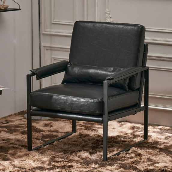 Metal Frame Accent Chair with Open Armrest, Upholstered Living Room Chair, Single Sofa Armchair with Thick Backrest and Lumbar for Bedroom/Office/Cafe, Black