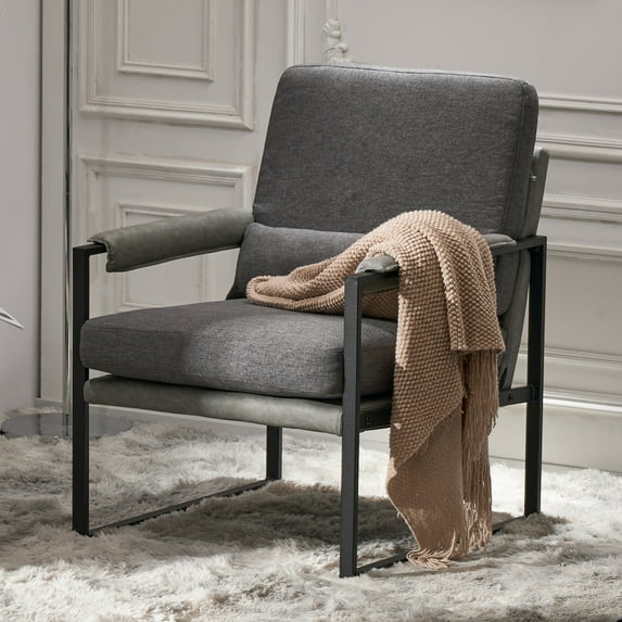 Metal Frame Accent Chair with Open Armrest, Upholstered Living Room Chair, Single Sofa Armchair with Thick Backrest and Lumbar for Bedroom/Office/Cafe, Dark Gray