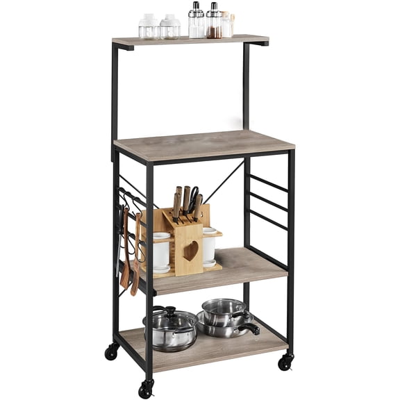 Metal Frame Bakers Rack for Kitchen with Storage Shelf and Side Hooks on Wheels, Utility Storage Rack Microwave Oven Stand Cart 4 Tiers for Living Room, Brown