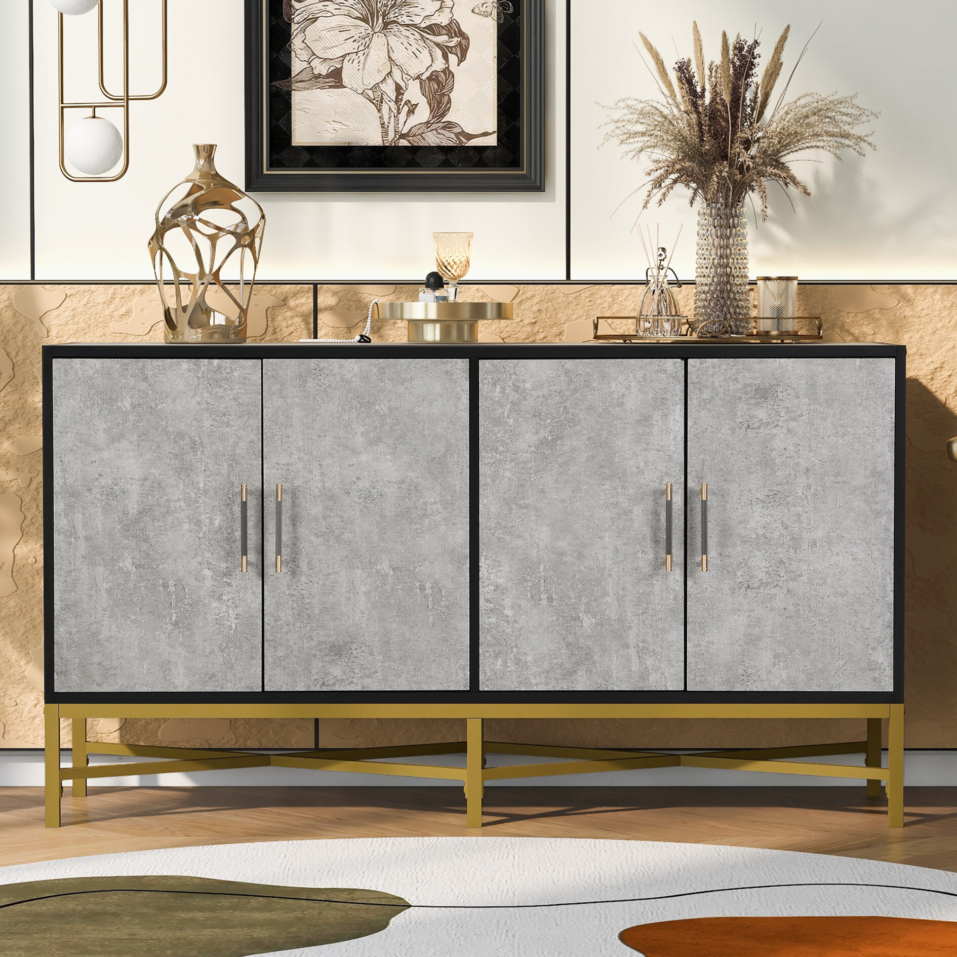 Metal Frame Buffet Cabinet with Four-Door, Sideboard Buffet with Cross ...