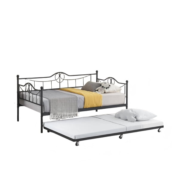 Metal Frame Daybed with Trundle - Modern Pull-Out Twin Sofa Bed for Bedroom or Guest Room, Black