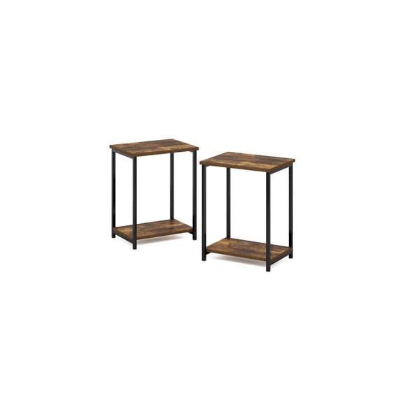 Metal Frame End Tables, Set of 2, Rustic 2-Tier Shelf, Living Room