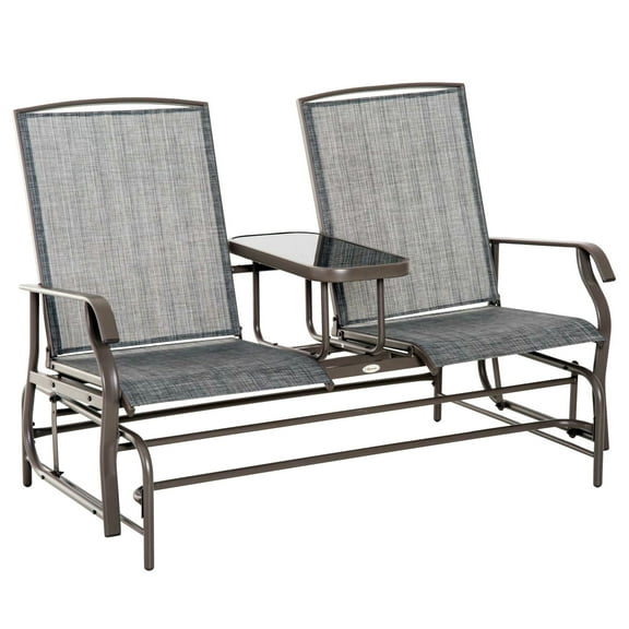 Metal Frame Glider Bench With Center Table. Gray Patio For Outdoor Use. Double Gliding Enjoyment. Breathable Mesh Seats. 726 Lbs. Capacity. Fits Backyard, Garden, Porch. 32"d X 58.25"w 39.25"h