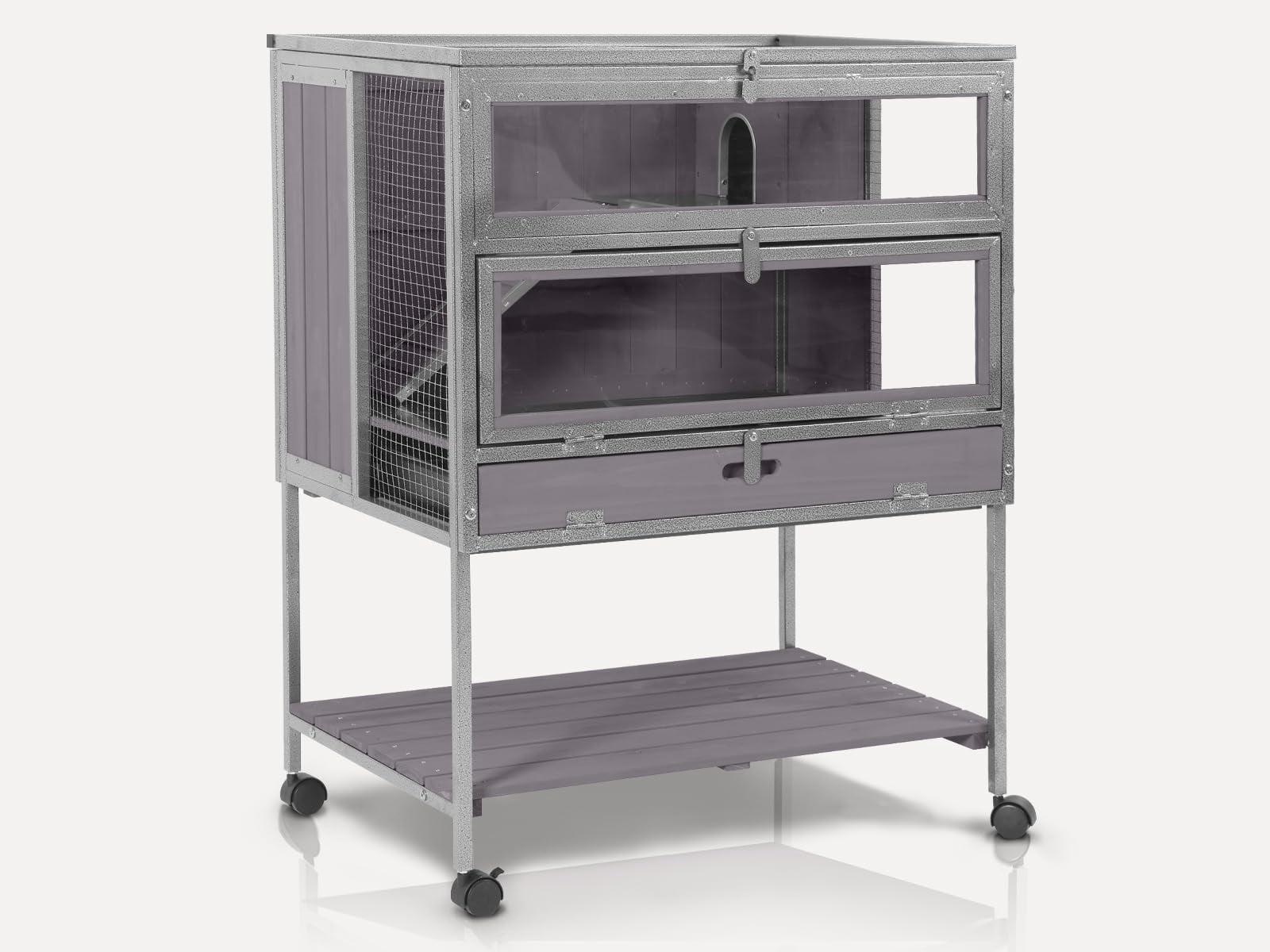Metal Frame Guinea Pig Cage with Chew-Proof Aluminium Alloy Edges, Hideouts, Ramps, Seesaws, Leakproof Tray for Small Pets Indoor Outdoor Use, Grey
