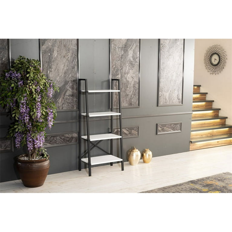 Metal Frame Legs with Non slipping Pads and Wood Shelving Board for Small Spaces White 5 Tier Ladder Bookshelf Standing Leaning Book Shelves and Narrow Ladder Shelf Style for Living Room Office