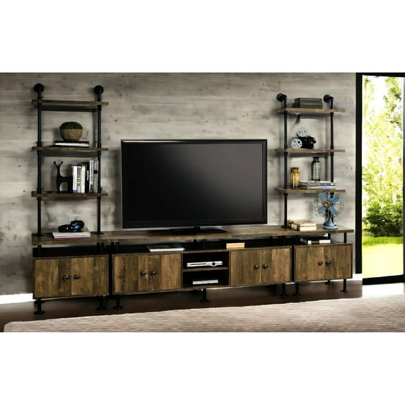 Metal Frame Rustic Oak & Black Tv Stand With 4 Open Compartments Door Storages For 50 - 59 Inch Tvs Finish, Compartment And Storage, Fits 50-59 Flat Screen