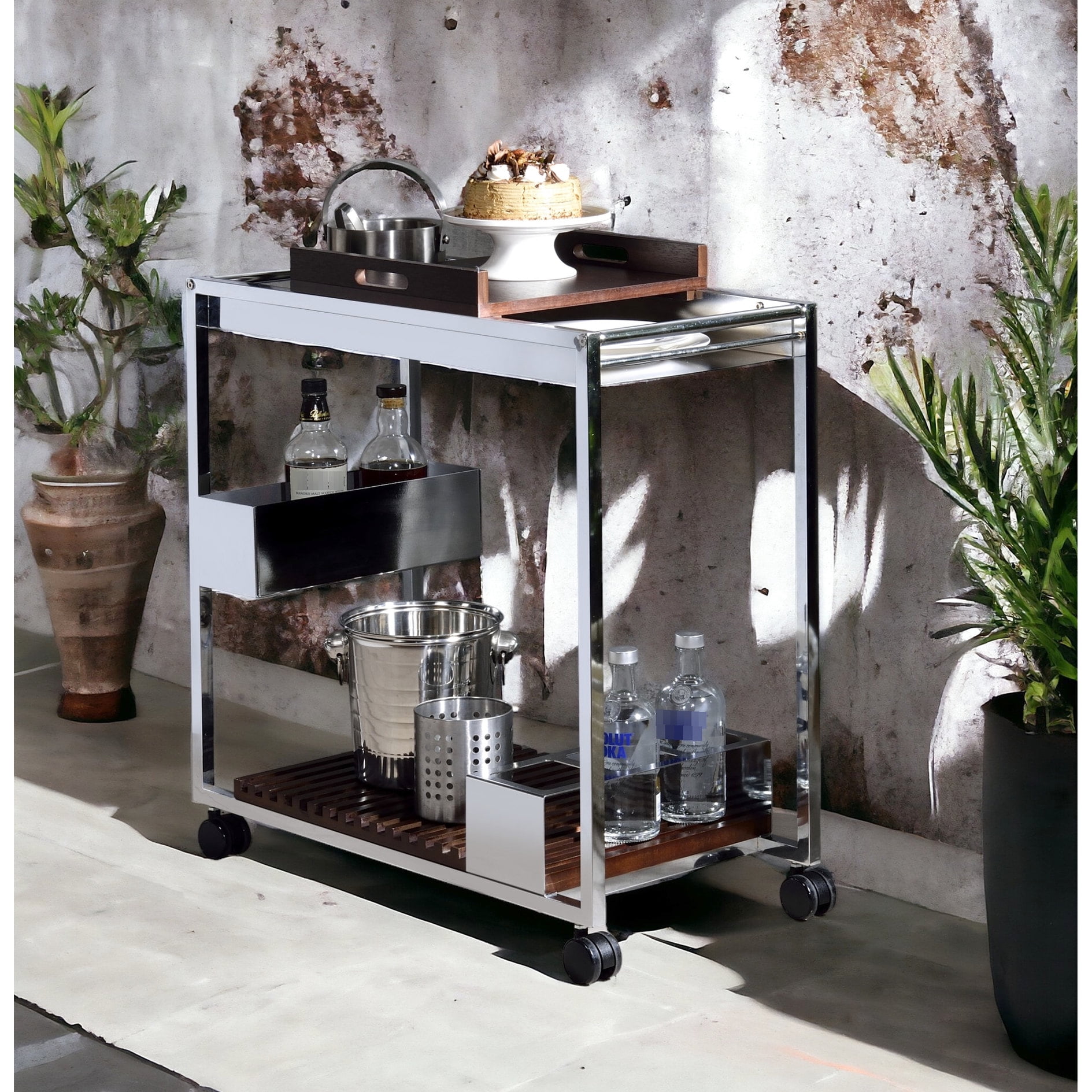 Metal Frame Serving Cart with Adjustable Compartments, Oak Brown and Black