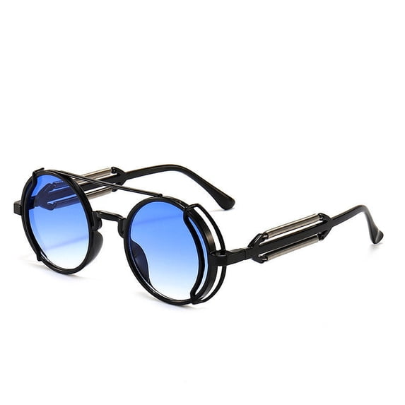 Metal Frame Sunglasses Round Hollow Out Design Fashion Eyewear for Men and Women with PC Lenses Gray Green for