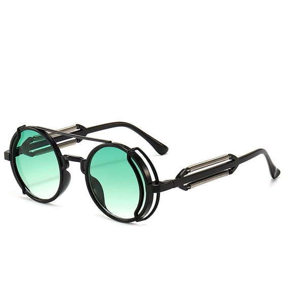 Metal Frame Sunglasses Round Hollow Out Design Fashion Eyewear for Men and Women with PC Lenses Gray Green for