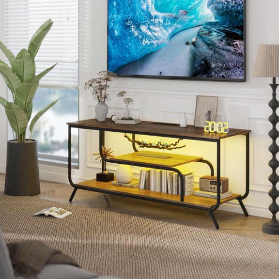 Metal Frame TV Stand for Tvs up to 55 Inch, Entertainment Center with Power Outlets and LED Lights, Modern TV Console Table with Storage Shelves for Living Room/Bedroom, Light Gray
