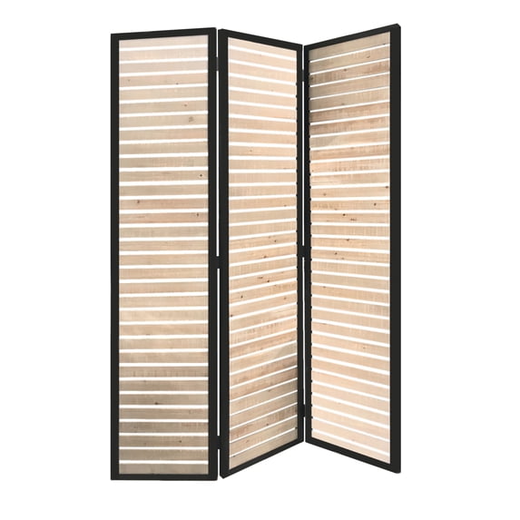 Metal Framed 3 Panel Screen with Wooden Horizontal Inset, Black & White - Saltoro Sherpi