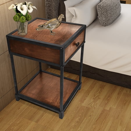 Metal Framed Mango Wood End Table with Drawer and Open Base in Brown and Black