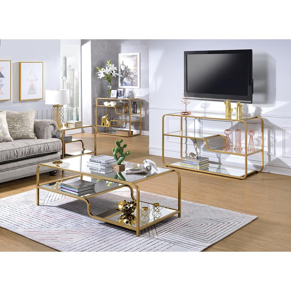 Elegant Gold Metal and Mirrored Glass Square End Table with Tiered Shelves