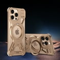 thumbnail image 1 of Metal Frameless Phone Case For iPhone 14 Pro Max,Contractile 360° Rotatable Magnetic Ring Kickstand,Heavy Duty Shockproof Anti-fall Protective Rugged Cooling Phone Case Cover,Gold, 1 of 6