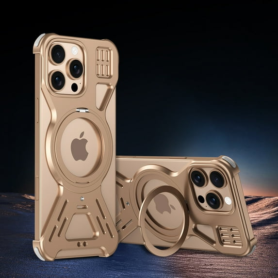 Metal Frameless Phone Case For iPhone 14 Pro Max,Contractile 360° Rotatable Magnetic Ring Kickstand,Heavy Duty Shockproof Anti-fall Protective Rugged Cooling Phone Case Cover,Gold