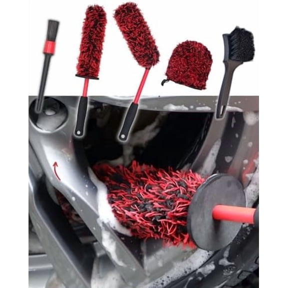 Metal Free Microfiber Wheel Brush Kit- Microfiber Angled Wheel Brush, Long Handle Wheel Brush, Tire& Detailing Brush, Wheel Wash Mitt. Hands-On Wheel Detailing Kit for Daily Wheel Cleaning