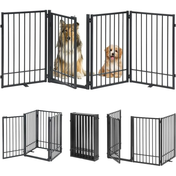 Metal Freestanding Dog Gate with Door, Extra Wide 81", 31" Height Foldable Dog Gates for Doorways, Tall Pet Fence Indoor Outdoor Pet Gates, 4 Panels Pet Barrier for Stairs Hallways, Black