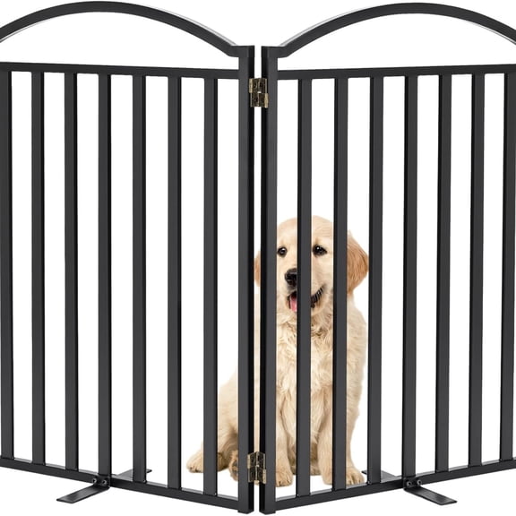 Metal Freestanding Dog Gates, 32'' Height Outdoor Indoor Dog Fences, 48'' Extra Wide Pet Gate, Foldable Puppy Free Standind Tall Pet Gate for Stairs, Hallways, Doorways, Yard (Black 2 Panels)