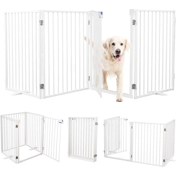 Metal Freestanding Dog Gates with Door,Extra Wide 24",32"Height Foldable Dog Fence for Indoor & Outdoor,Heavy Duty Freestanding Pet Barrier for Stairs,Doorways,Halls,Kitchen,Yard,Christmas Tree