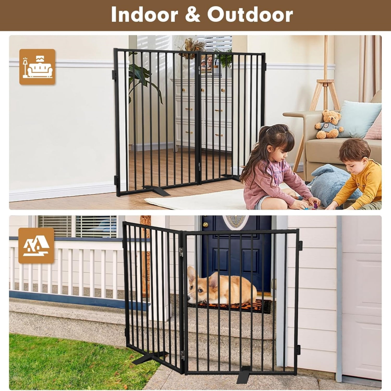 Metal Freestanding Dog Gates,Extra Wide 24", 32" Height Foldable Dog Fence for Indoor & Outdoor, Heavy Duty Freestanding Pet Barrier for Stairs, Doorways, Halls, Kitchen,Yard