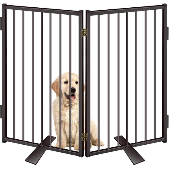 Metal Freestanding Dog Gates with Door for Outdoor Indoor, Tall Free Standing Dog Gate for Doorways,Large Openings,Deck,Yard,Safety Pet Fence