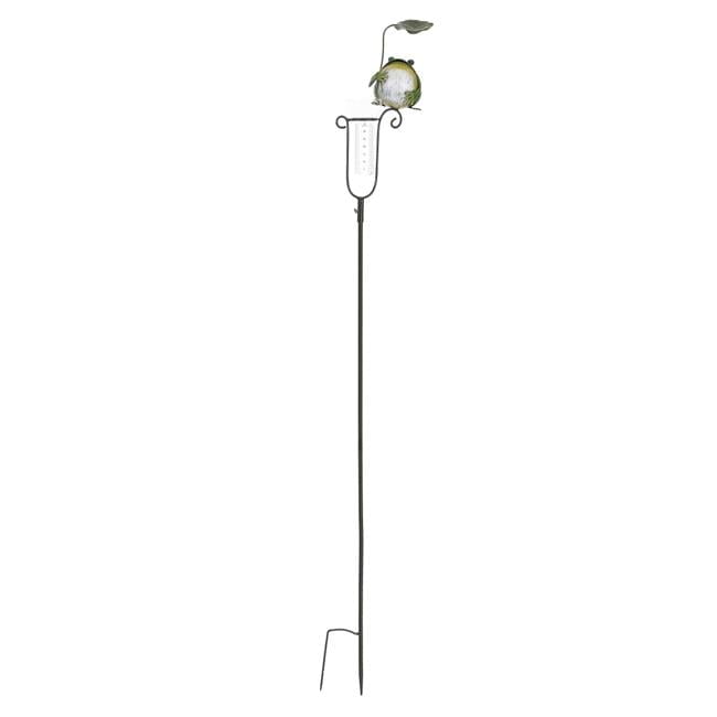 Green Metal Frog Rain Gauge with Leaf Umbrella