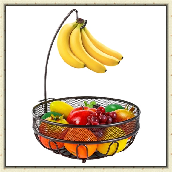 Metal Fruit Basket with Banana Tree, Freestanding Fruit Organizerfor Countertop, Bronze