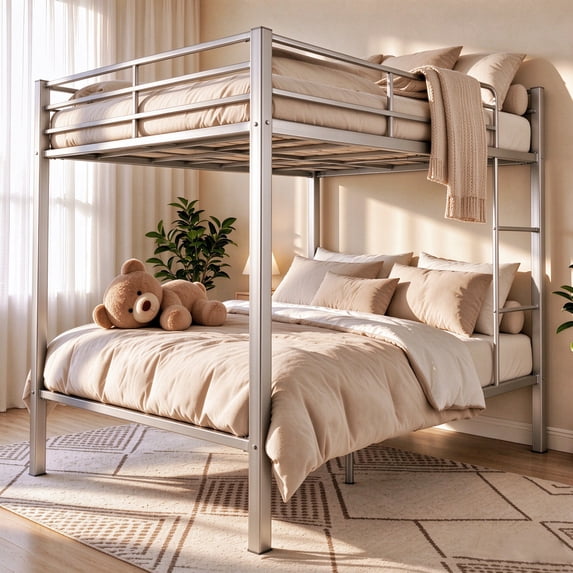 Metal Full Bunk Bed, Full over Full Metal Bunk Bed, Modern Retro Full Size Bunk Bed Frame with Ladder and Safety Guardrails, for Teens Adults, No Box Spring Needed, Sliver