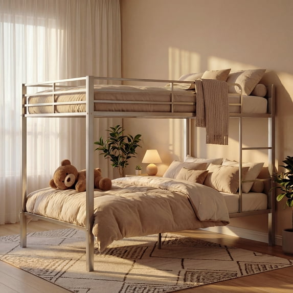 Metal Full Bunk Bed, Full over Full Metal Bunk Bed, Modern Retro Full Size Bunk Bed Frame with Ladder and Safety Guardrails, for Teens Adults, No Box Spring Needed, Sliver