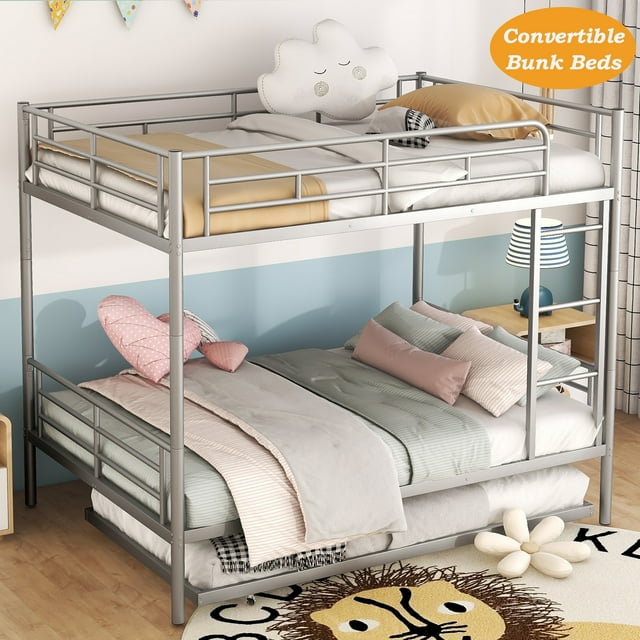 Metal Full over Full Bunk Bed with Twin Size Trundle Bed, Convertible