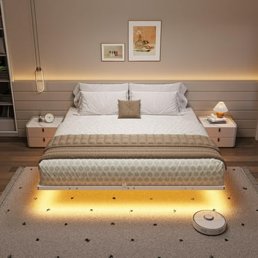 Metal Full Floating Bed Frame with LED Lights, Full Size Platform Bed Frame, No Box Spring Needed, White