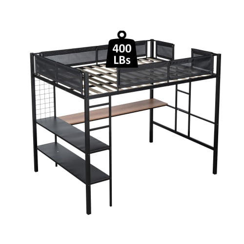 Metal Full Loft Bed with Desk & Shelves, Space Saving Bed Frame with Textilene Guardrail, 2-Tier Storage & Dual Ladders, 400lb Capacity, Black