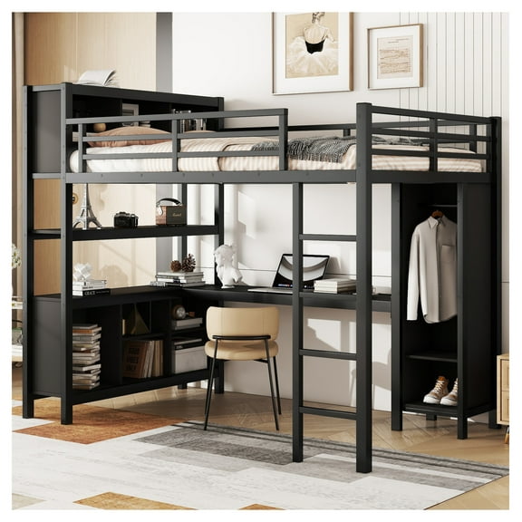 Metal Full Loft Bed with Wardrobe & L-Shaped Desk, Storage Cubes & Shelves, Black
