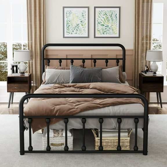 Metal Full Single Bed Frame with Storage Space, 74.8" in Steel Bed Frame with Protective Foot Pads, Strong Bearing Capacity Full Size Bed, Easy Assembly, Underbed Storage Space（43.3 inch）
