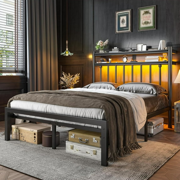 Metal Full Size Bed Frame with 2-Tier Storage Headboard, Bed Frame Full with LED Light, Mattress Foundation Under Bed Storage/No Box Spring Needed/Noise-Free/Easy Assembly, Black