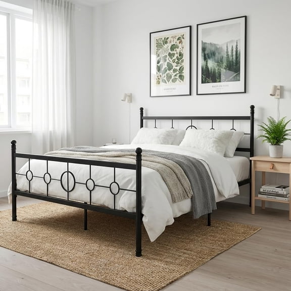Metal Full Size Bed Frame with Headboard and Footboard, Queen Size Heavy-Duty Iron Platform Bed Frame, Vintage Circular Ornate Design, No Box Spring Needed, Noise-Free Support, Easy Assembly
