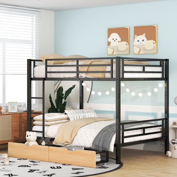 Metal Full Size Convertible Bunk Bed with 2 Drawers, Heavy Duty Sturdy Frame with Sturdy Guard Rail for Teens & Adults, No Box Spring Needed(Black, Full over Full)