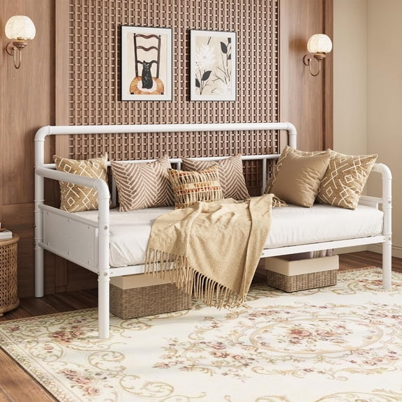 Metal Full Size Daybed with Classic Headboard, Heavy Duty Steel Slat Support, Sofa Bed Frame with Storage Space, No Box Spring Needed, for Living Room or Guest Room,White