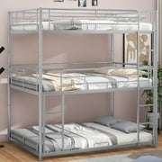 Metal Full Size Triple Bunk Bed, Modern Floor Triple Bunk Bed Frame with Built-in Ladder and Guardrails, Silver Triple Bed Frame for Kids, Teens, Adults, Box Spring Not Needed