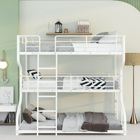 Metal Full XL over Twin XL over Queen Loft Bunk Bed with Long and Short Ladder, Multifunctional with Safety Guard Rails, Easy to Assemble/No Box Spring Required(White)