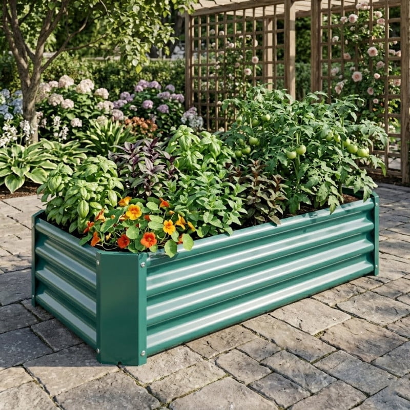 Metal Galvanized Raised Garden Bed Kit, 4 x 2 x 1 ft Galvanized Steel Raised Garden Planter Box Outdoor with Open Base for Growing Vegetables Flowers Herbs Fruits, 1 PC