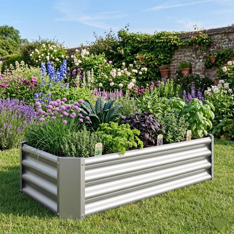 Metal Galvanized Raised Garden Bed Kit, 4 x 2 x 1 ft Galvanized Steel Raised Garden Planter Box Outdoor with Open Base for Growing Vegetables Flowers Herbs Fruits, 1 PC
