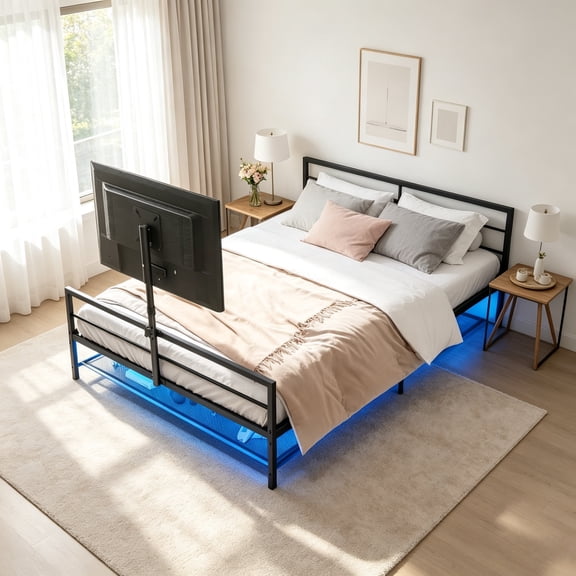 Metal Gaming Bed Frame with TV Mount, Black Gaming Bed Frame with Gaming Stuff Storage, Adjustable LED Lights, USB (Full)