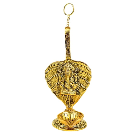 Metal Ganesh Wall Hanging Diya Deepak Oil Lamp, Leaf Oxidized White Gold Plated Indian Traditional New year Gifts Pooja Item Decor Decorations For House Home gift Items