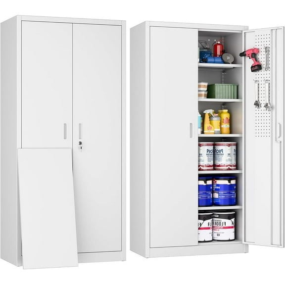 Metal Garage Cabinet with Pegboard and Hooks,Metal Tool Storage Cabinet with 2 Doors and 5 Adjustable Shelves for Home,Garage,Gym,School,18" D x 34" W x 71" H,Assembly Required,White