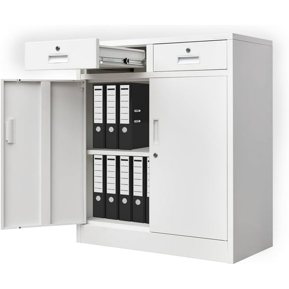 Metal Garage Cabinet with 2 Drawers. Lockable Metal Storage with Doors and Shelve, 36”H Storage Cabinet for Home, Garage, Pantry. (White)