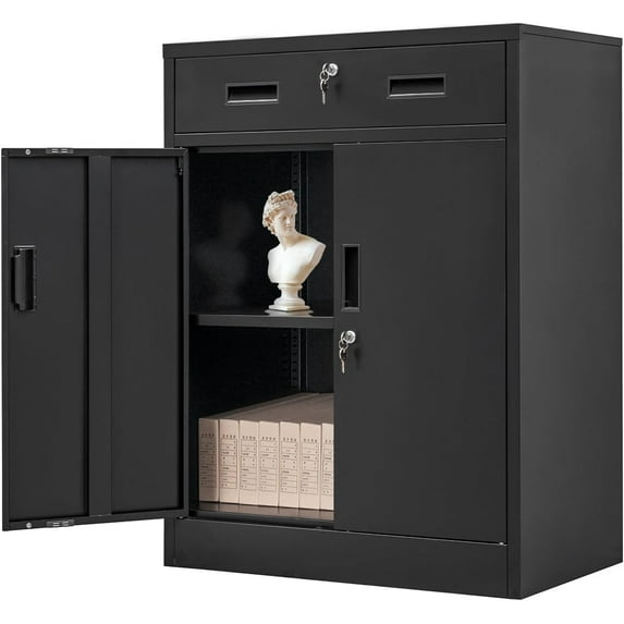 Metal Garage Cabinet with Drawer. Lockable Metal Storage with Doors and Shelve, 36”H Storage Cabinet for Home, Garage, Pantry. (Black)