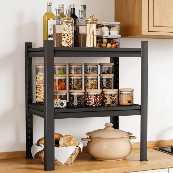Metal Garage Shelving Unit, 2 - Tier Adjustable Large Storage Shelves, 1000LBS for Garage, Basement, Pantry Industrial Steel Shelving, Ideal for Tool Organization, Black, 16"W x 22"H