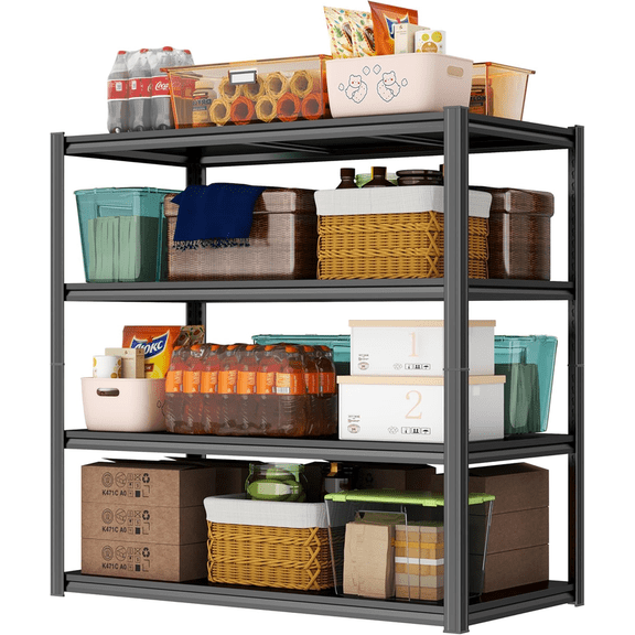 Metal Garage Shelving Unit, 4-Tier Adjustable Large Storage Shelves, 2000LBS for Garage, Basement, Pantry Industrial Steel Shelving, Ideal for Tool Organization, Black, 44" H x 32" W x 14" D