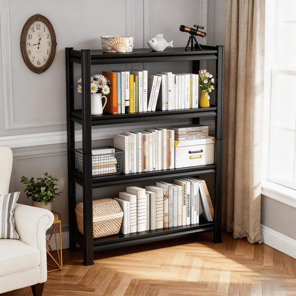 Metal Garage Shelving Unit, Heavy Duty 4-Tier Adjustable Storage shelves, Steel Shelving, Industrial Shelves for Heavy Tools and Equipment, Ideal for Garage, Basement, Black, 54"H